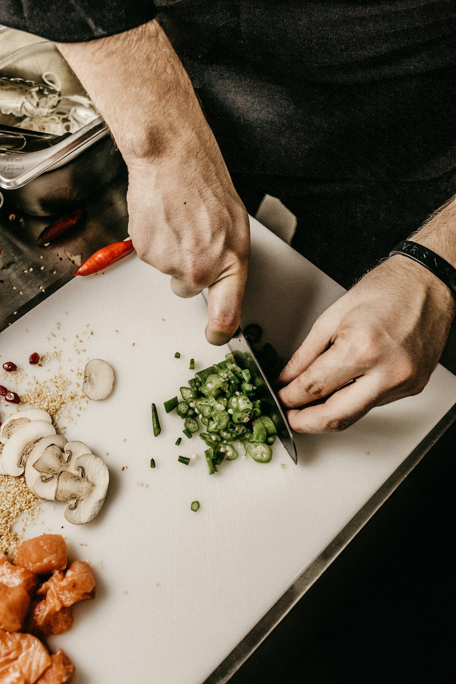 Chef preparing garnish